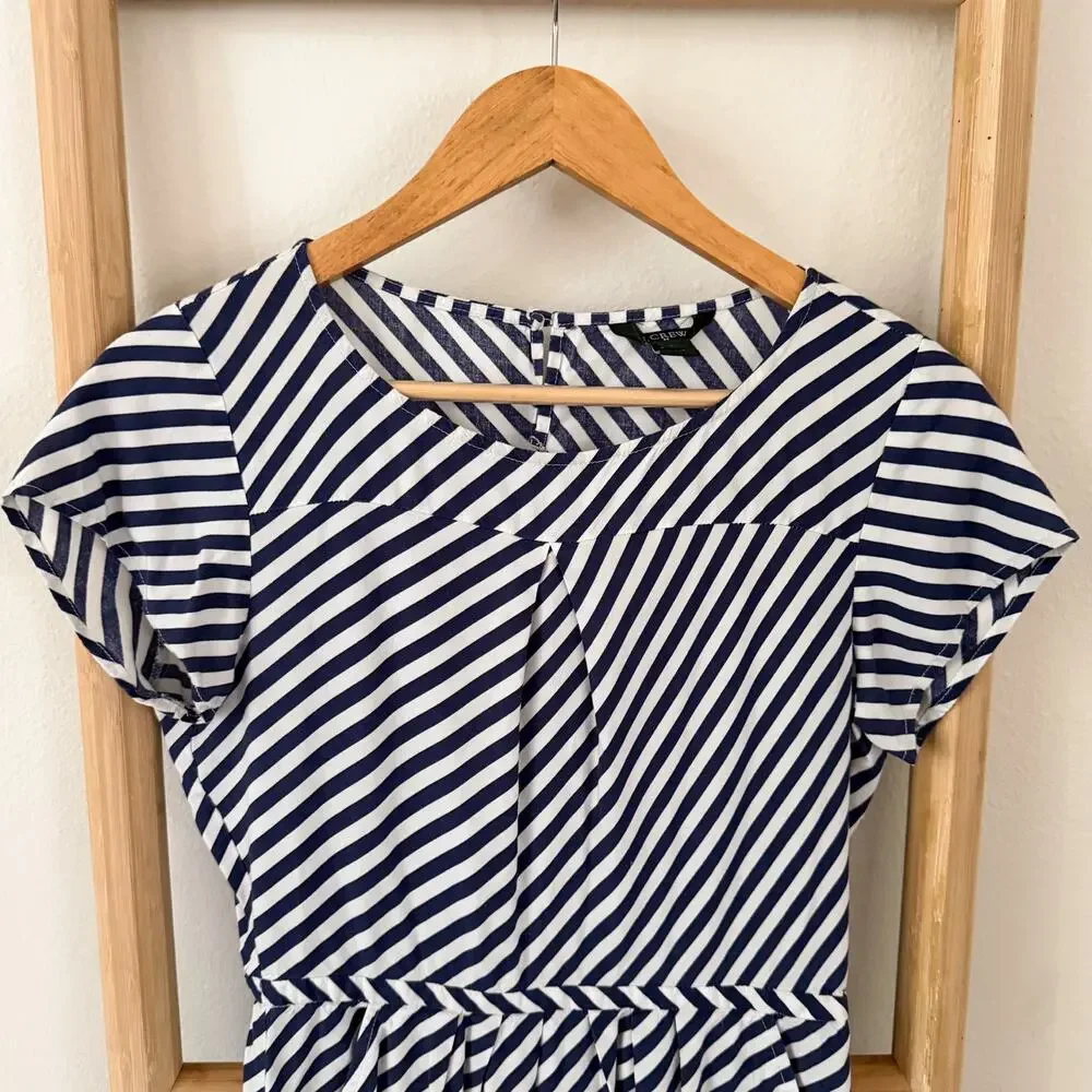 J.Crew Blue White Stripe Shift Dress Womens Size 2 Pleated Short Sleeve